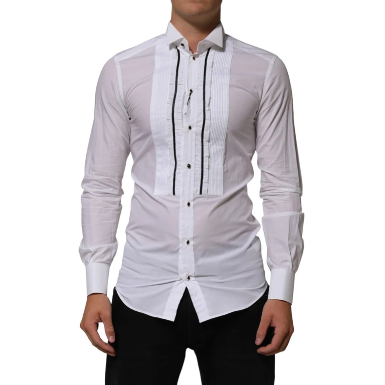 White Cotton Collared Long Sleeve Gold Dress Shirt - Men