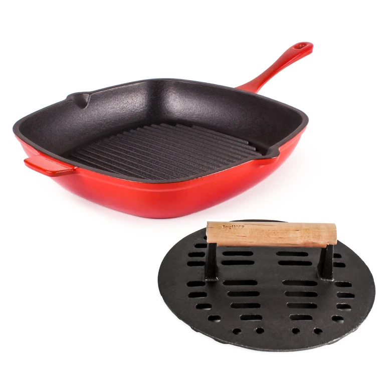 Neo 2pc Cast Iron 11" Grill Pan with Slotted Steak Press, Red