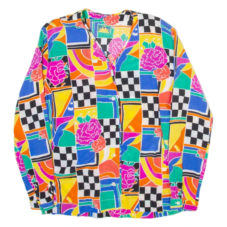 SAMPA Womens Printed Blouse Blue V-Neck Long Sleeve Crazy Pattern M