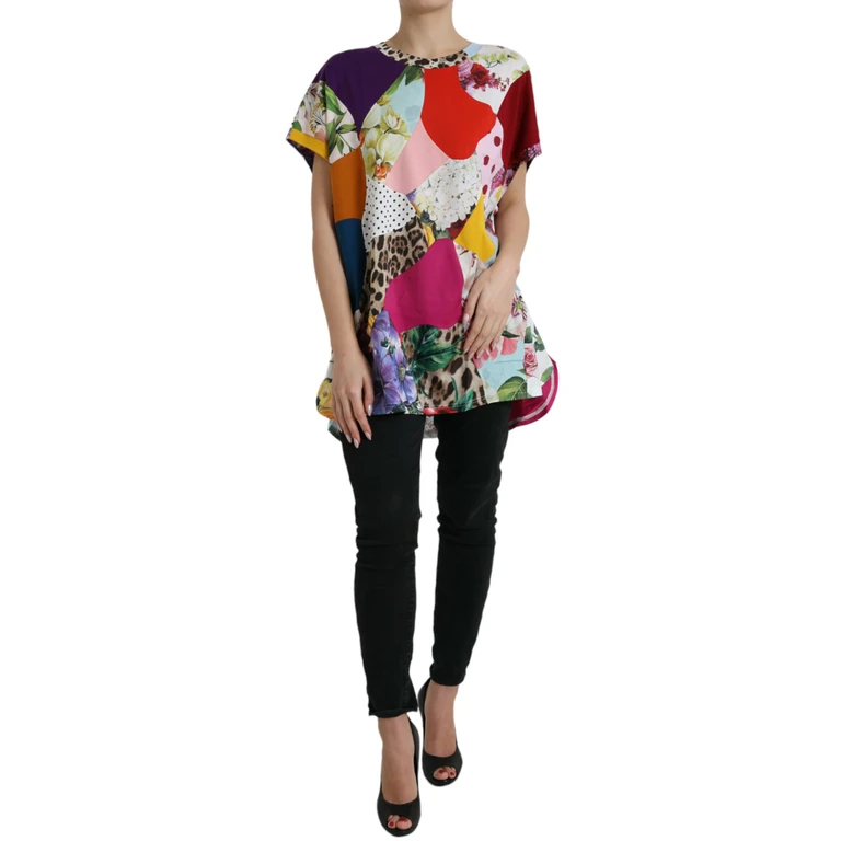 Multicolor Patchwork Cotton Silk Blouse Top - Women