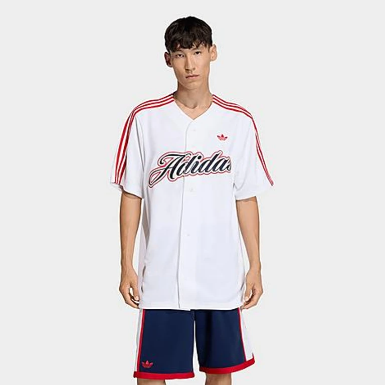 adidas Men's Originals Summer League Varsity Baseball Jersey in White/Better Scarlet Size: XS