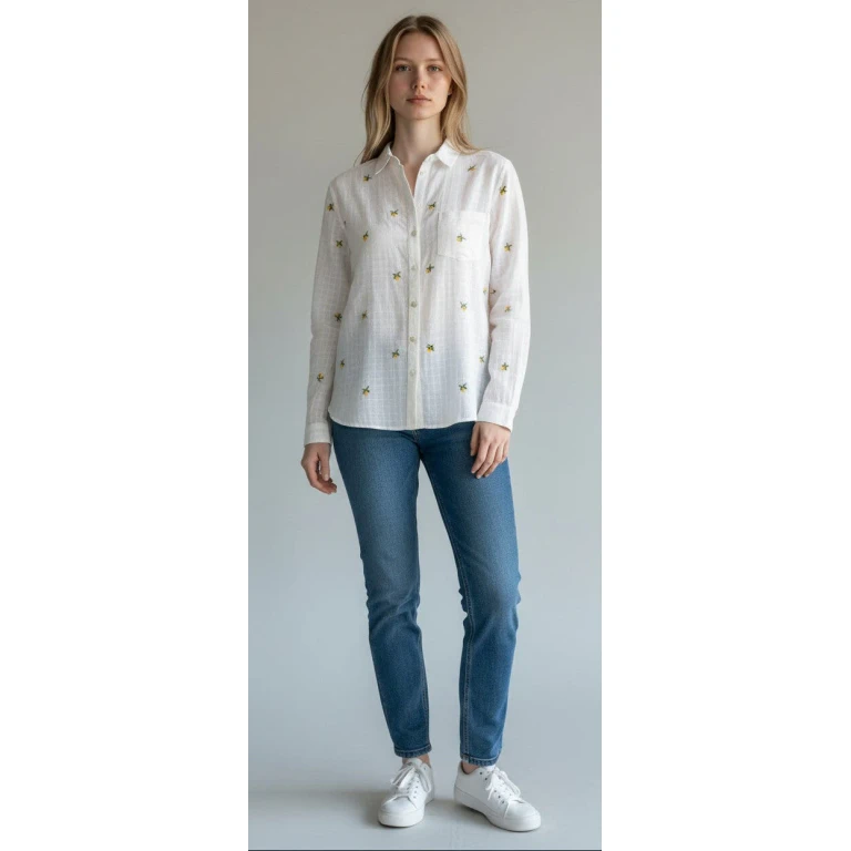 [135671-112] Womens Lucky Brand Embroidered Ls Button up Shirt - White