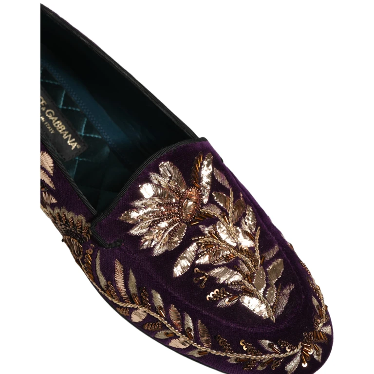 Dolce & Gabbana Violet Velvet Floral Embroidery Loafers Shoes Leather - Men