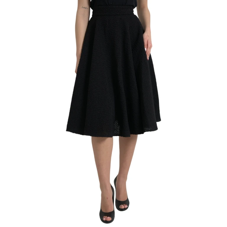 Dolce & Gabbana Black High Waist A-Line Knee Length Skirt Virgin Wool Silk Nylon - Women