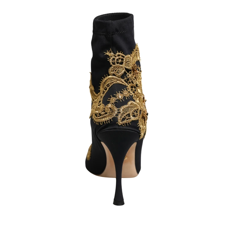 Dolce & Gabbana Black Gold Embroidery Crystal Boots Shoes - Women