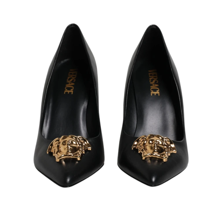 Black Leather Logo Plaque High Heels Pumps Shoes Calf - Women