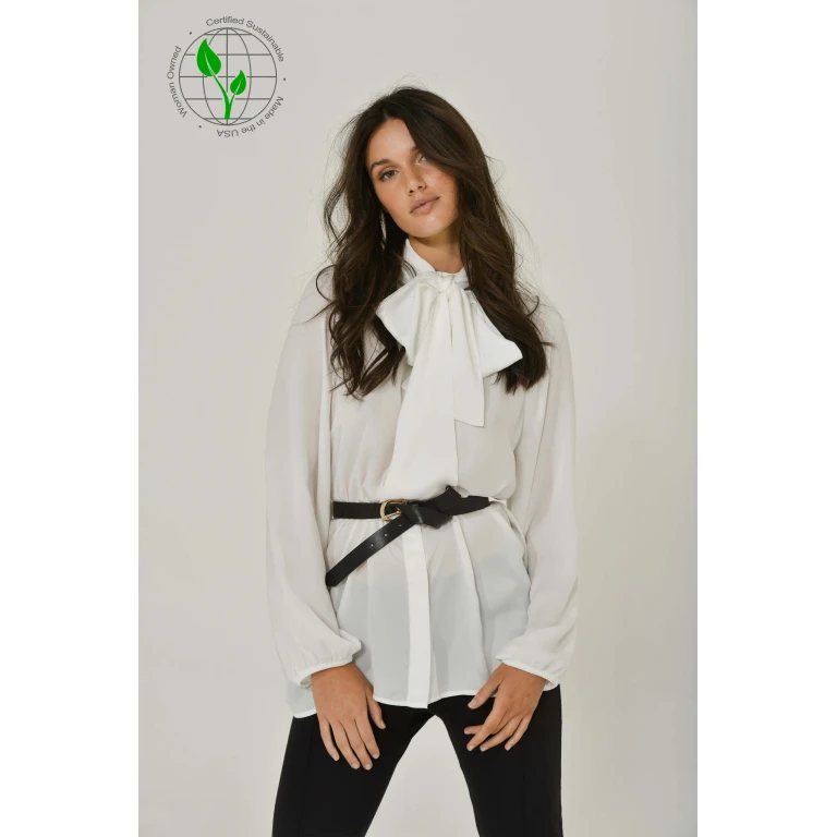 White Long Sleeve Mandarin Blouse w/ Removable Bow