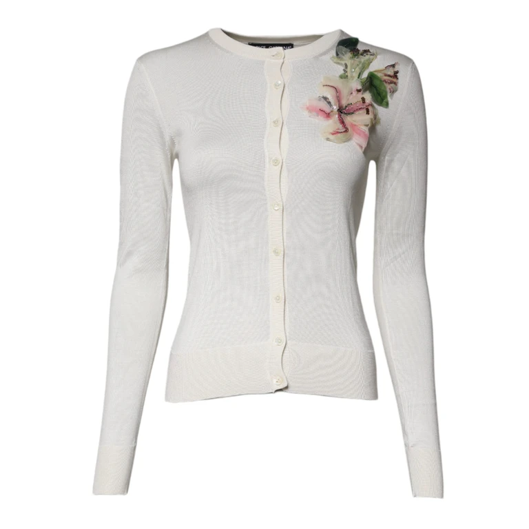Dolce & Gabbana Cream Floral Silk Embellished Cardigan Sweater Glass Polyester Clothing - Women