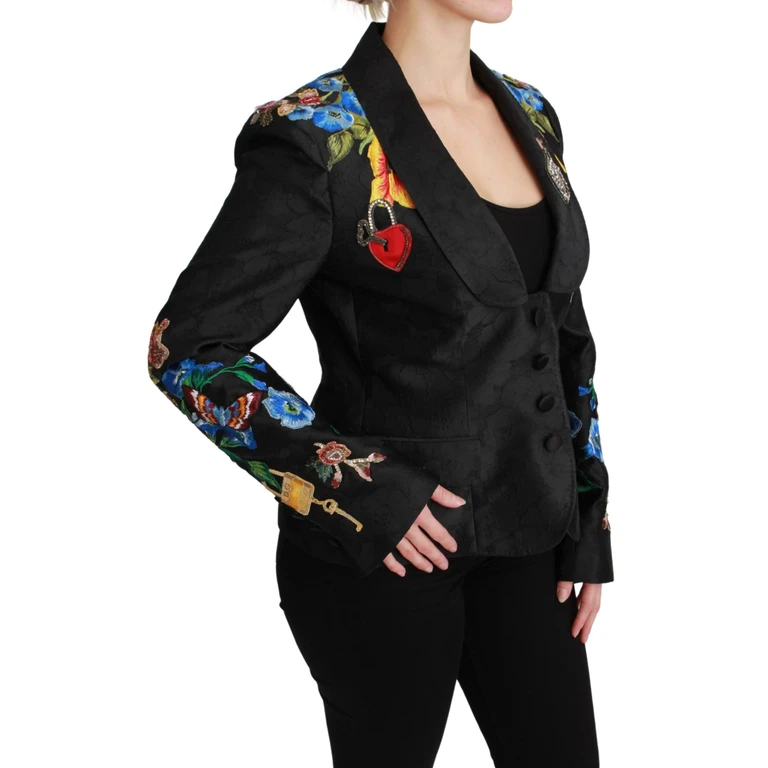 Black Brocade Crystal Blazer Jacket Polyester Silk Nylon Clothing - Women