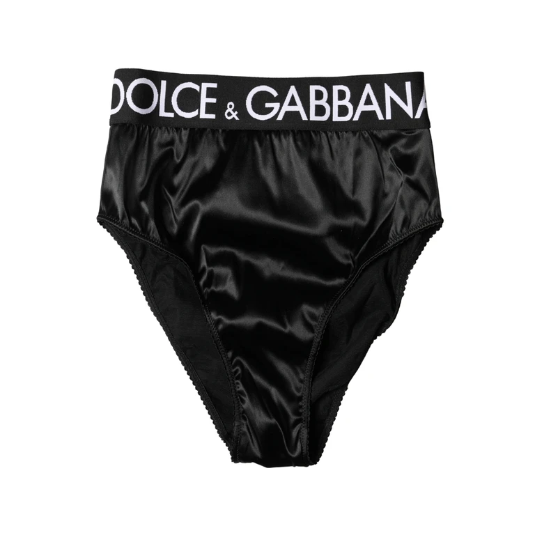 Dolce & Gabbana Black Satin High-Waist Brief Logo Women Underwear Acetate Elastane Nylon Clothing - Women