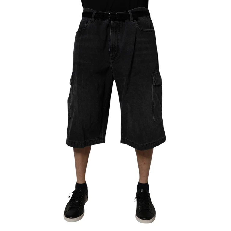 Black Mid Waist Denim Cargo Bermuda Shorts Cotton - Men