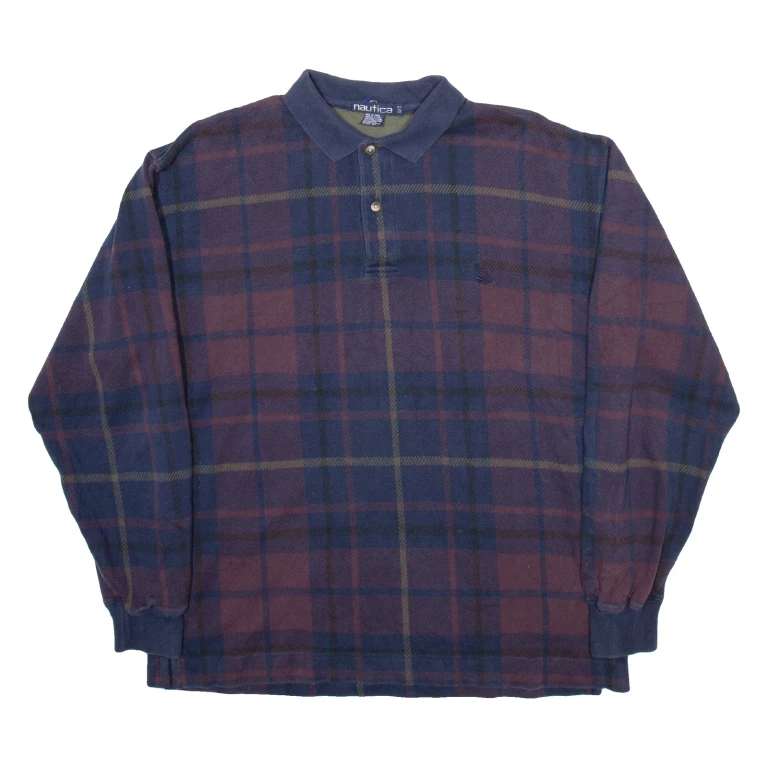 NAUTICA Mens Polo Shirt Blue Check Long Sleeve L
