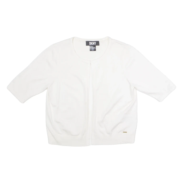 DKNY Womens Cardigan White Crew Neck Tight Knit Short Sleeve Viscose S