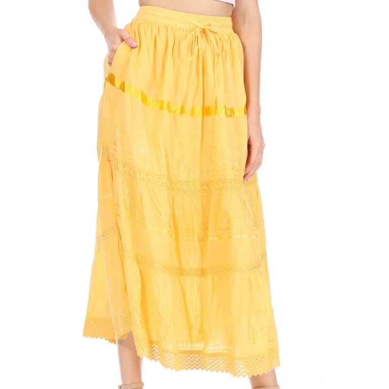 Sakkas Solid Embroidered Gypsy / Bohemian Mid Length Cotton Skirt