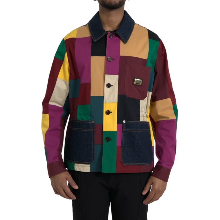 Multicolor Patchwork Cotton Collared Jacket Elastane Clothing - Men