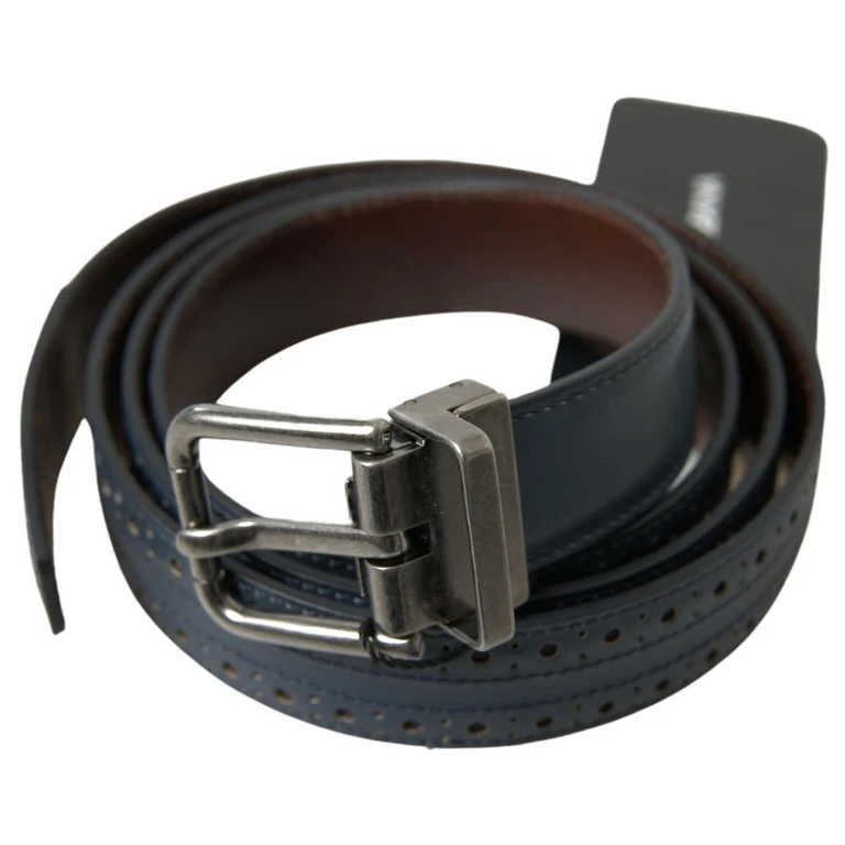 Dolce & Gabbana Blue Leather Perforated Metal Buckle Belt - Men