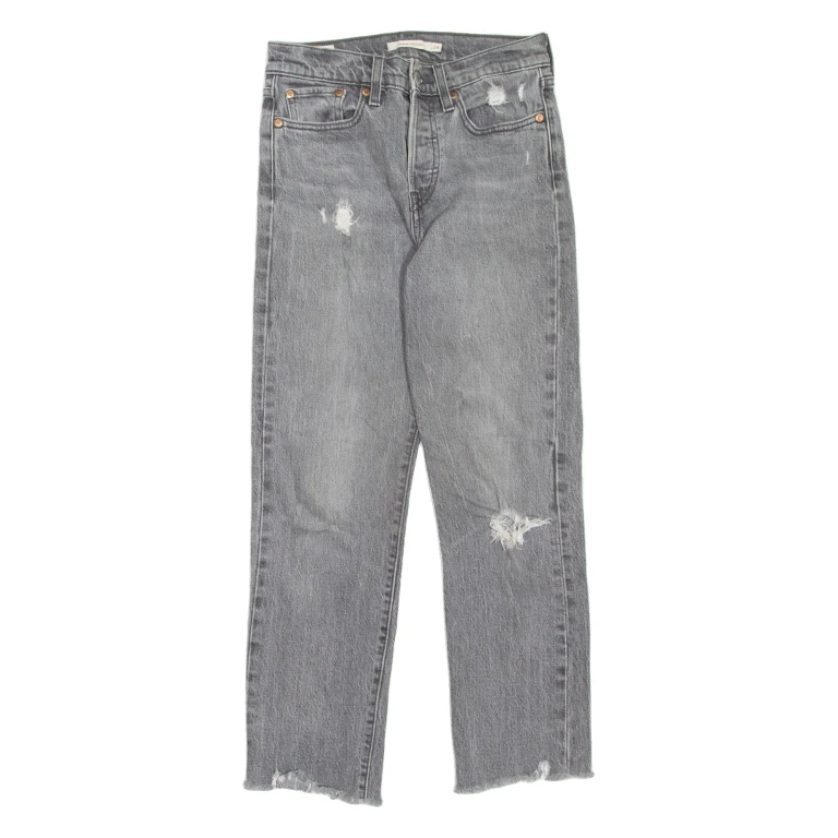 LEVI'S Wedgie BIG E Distressed Womens Jeans Grey Straight Stone Wash W24 L26