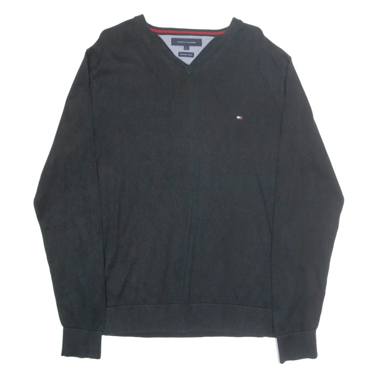 TOMMY HILFIGER Mens Jumper Black V-Neck Tight Knit L