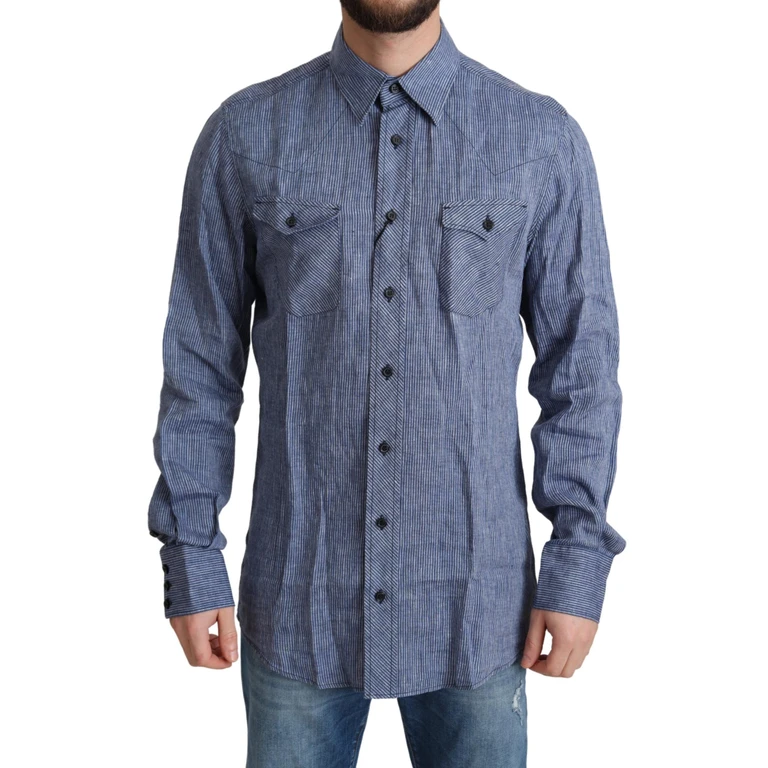 Blue Stripes Men Casual Button Down Shirt Linen - Men