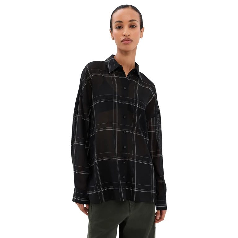 Sheer Wool Gauze Oversized Check Shirt Black multi L