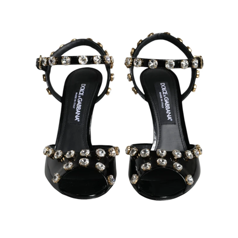 Dolce & Gabbana Black Leather Crystal Ankle Strap Sandals Shoes - Women