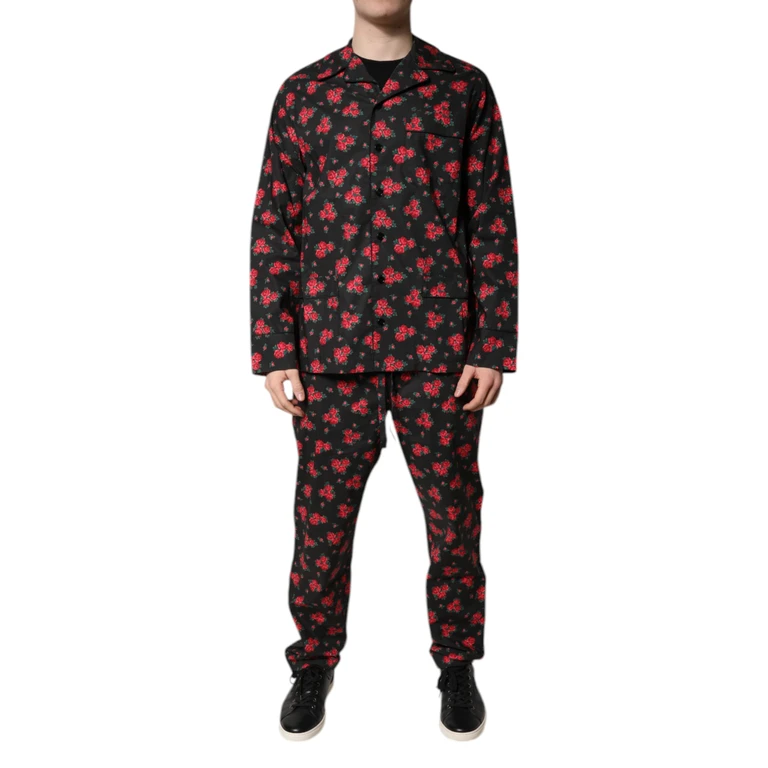 Black Floral Print Cotton Men Pajama Set Sleepwear Clothing - Men