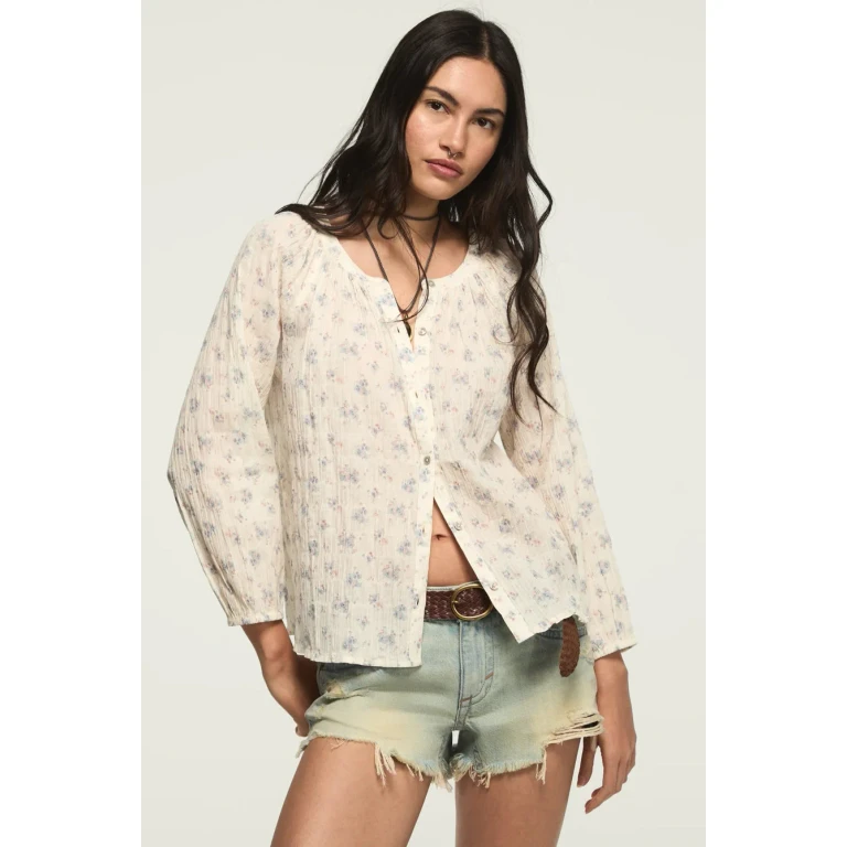 Women's Long Sleeve Button Blouse - Cream Floral