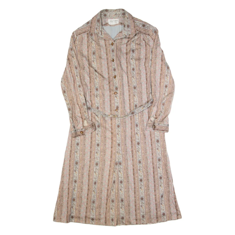MYRIAM Womens Day Dress Brown 90s Striped Long Sleeve Long L