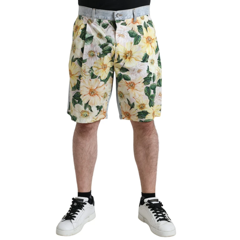 Multicolor Floral Print Denim Bermuda Shorts Cotton - Men