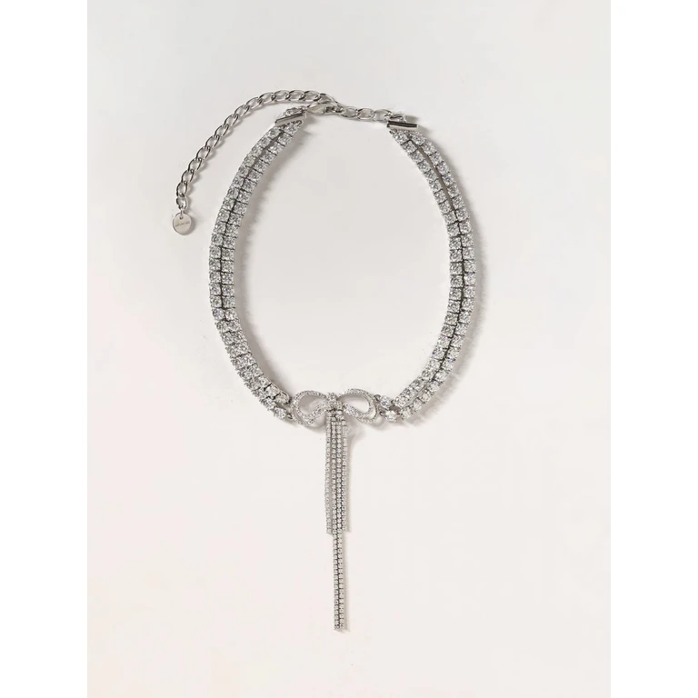 Bow and Crystal Embellished Brass Choker Necklace (PF26606NSLSILVER)