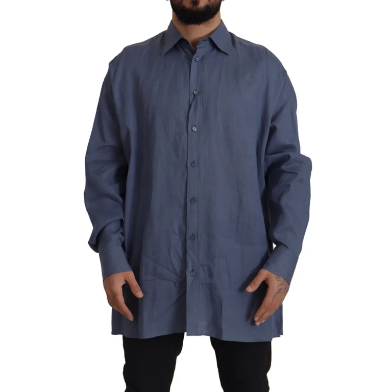 Dolce & Gabbana Dark Blue Linen Slim Fit Dress Formal Men Shirt - Men