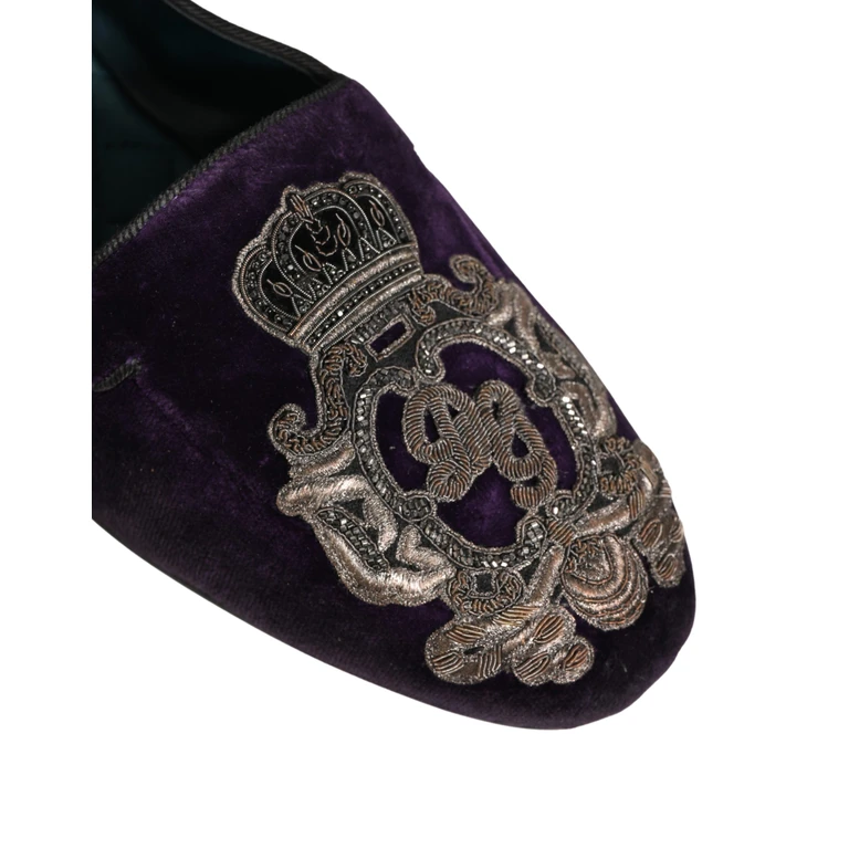 Dolce & Gabbana Purple Velvet Crown Embroidery Loafers Shoes Leather - Men