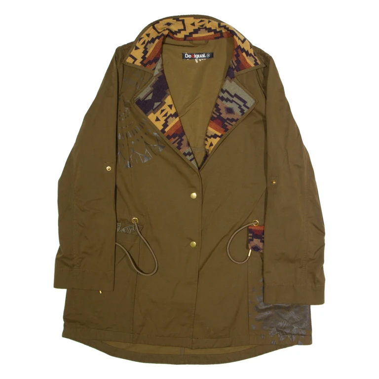 DESIGUAL Womens Overcoat Coat Green Geometric UK 10