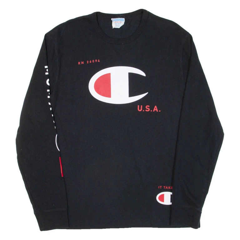 CHAMPION Mens T-Shirt Black Long Sleeve M