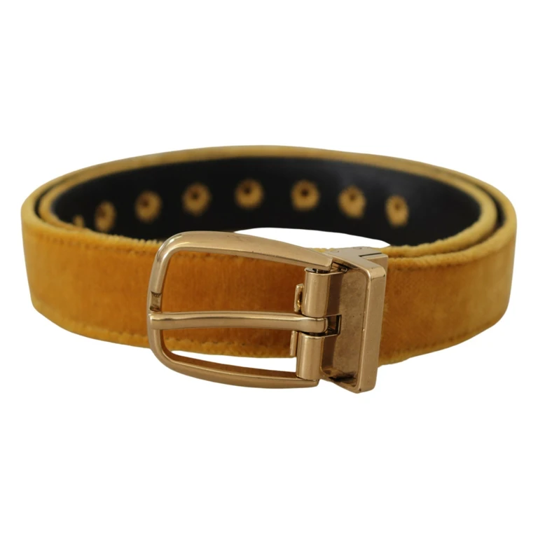 Dolce & Gabbana Mustard Velvet Gold Logo Engraved Metal Buckle Belt - Women