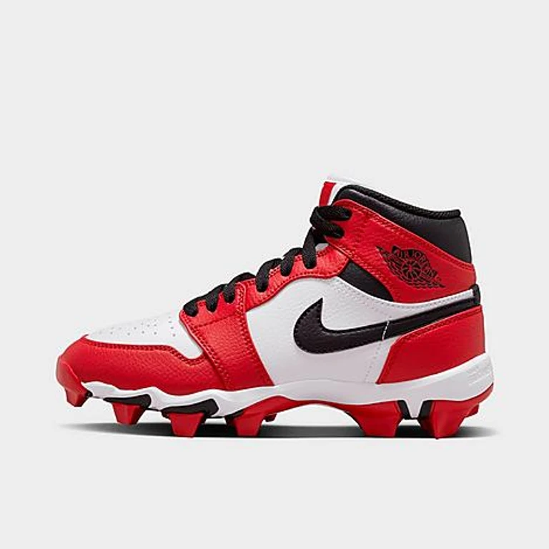 Big Kids Air Retro 1 Mid Cleats in White/Black/Gym Red Size: 1.0