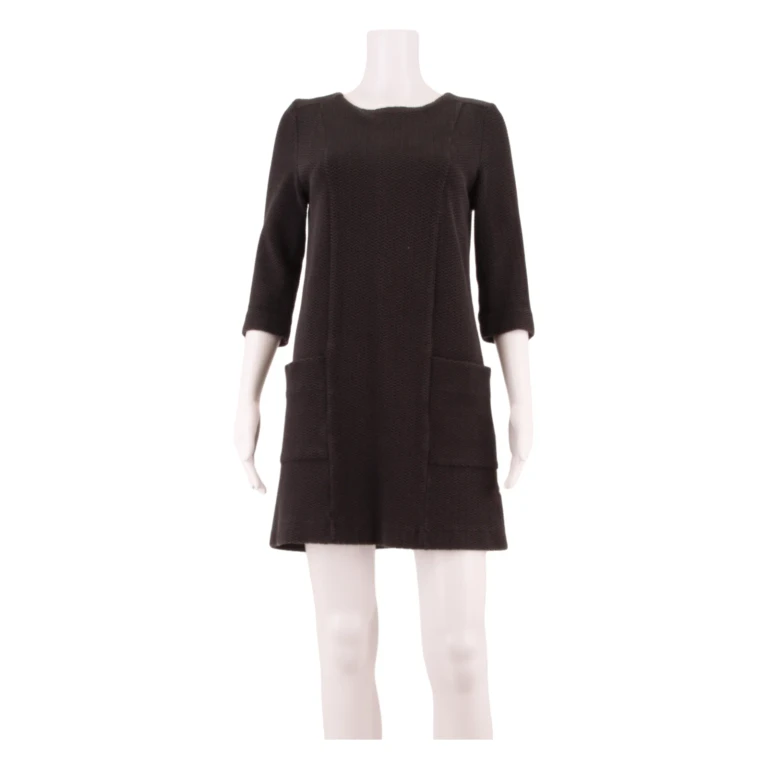GANNI Stretch Womens Shift Dress Black Viscose Herringbone Knee Length M