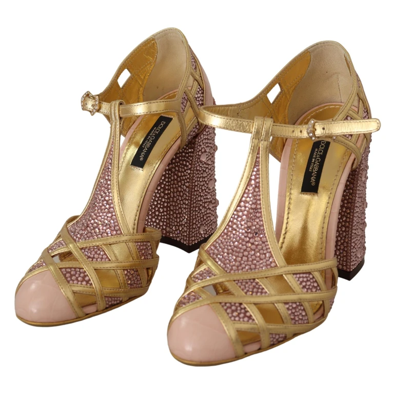 Dolce & Gabbana Pink Gold Leather Crystal Pumps T-Strap Shoes Silk - Women