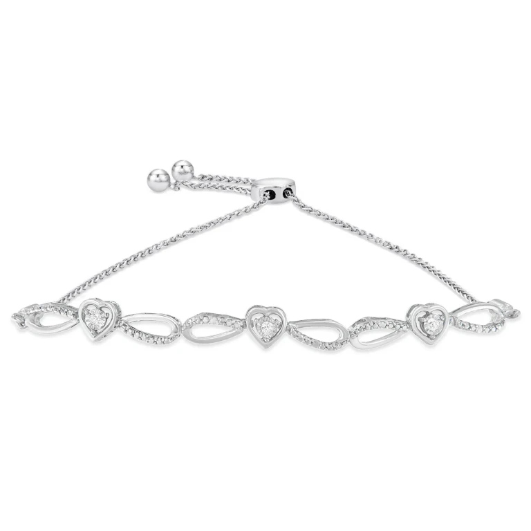 .925 Sterling Silver Diamond Accent Heart and Infinity 4"-10" Adjustable Bolo Bracelet (I-J Color, I3 Clarity)