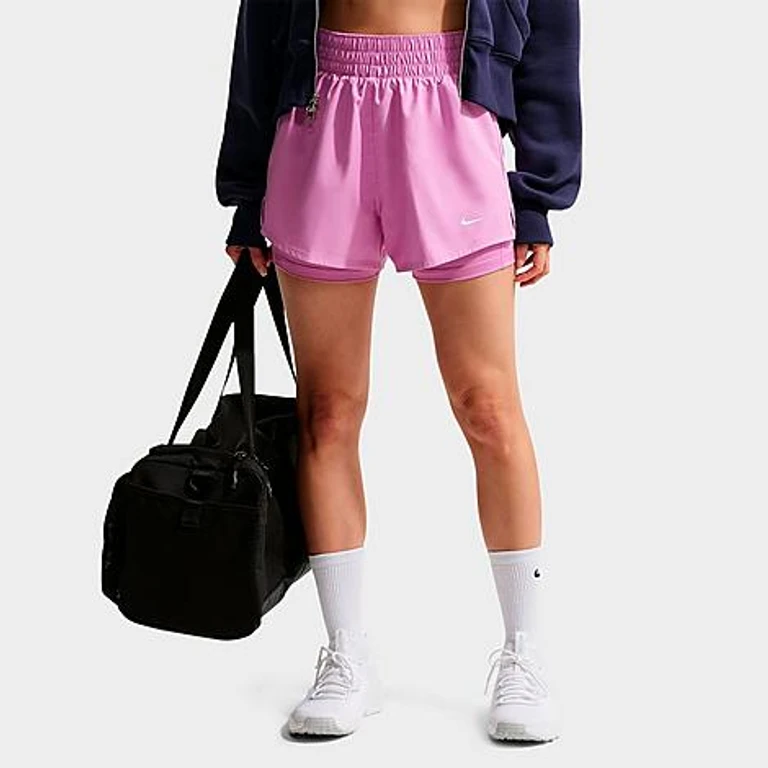 Nike Women's One Fitted Dri-FIT High-Waisted 3-Inch 2-in-1 Shorts in Light Magenta/White Size: XXS