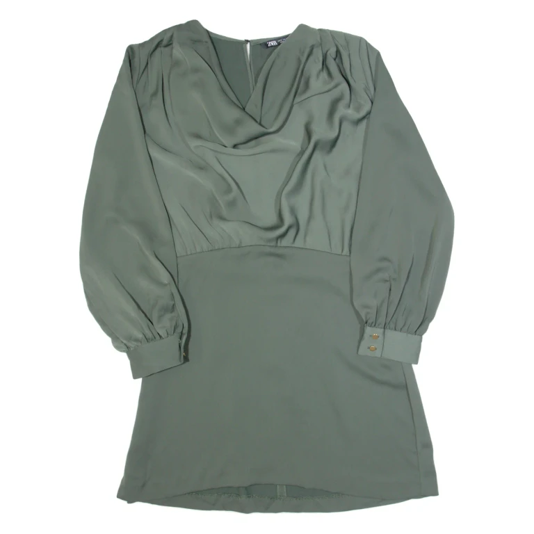 ZARA Womens Fit & Flare Dress Green Long Sleeve Knee Length S