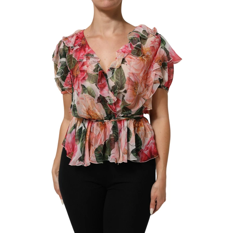 Dolce & Gabbana Pink Camellias Printed Silk V-Neck Blouse Top - Women