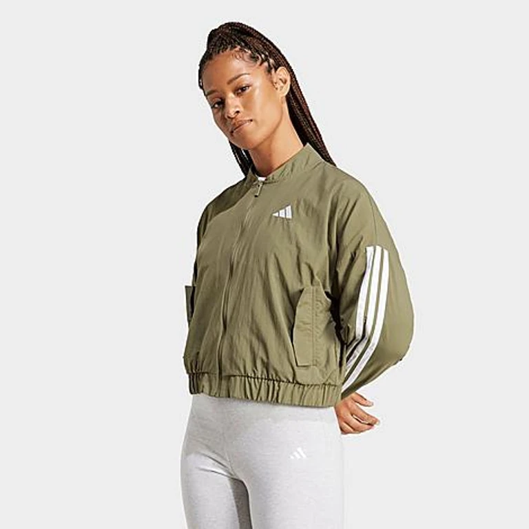 adidas Women's Sportswear Essentials 3-Stripes Lifestyle Woven Bomber Jacket in Olive Strata/White Size: XS