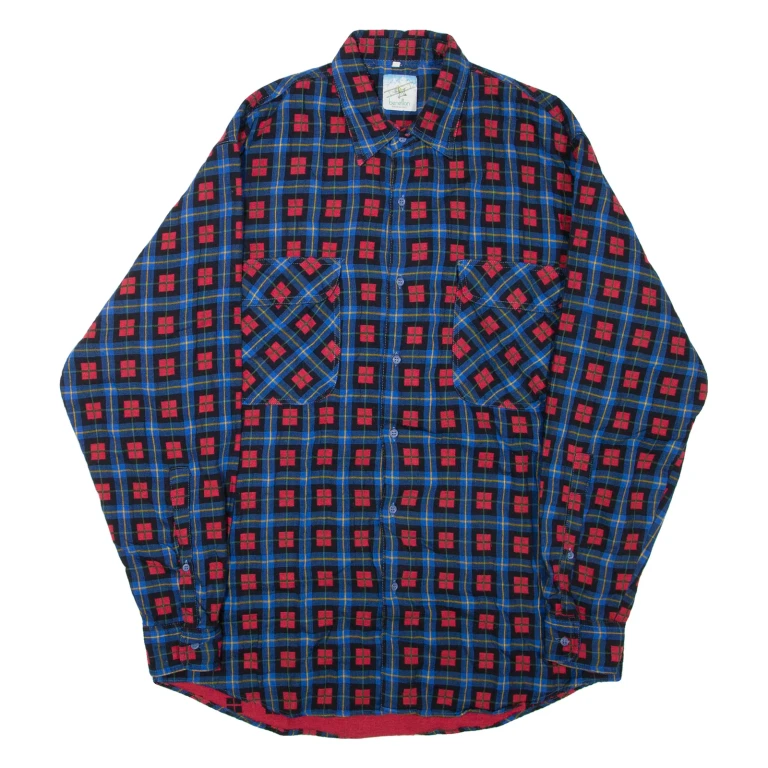 Mens Flannel Shirt Blue Check Long Sleeve M