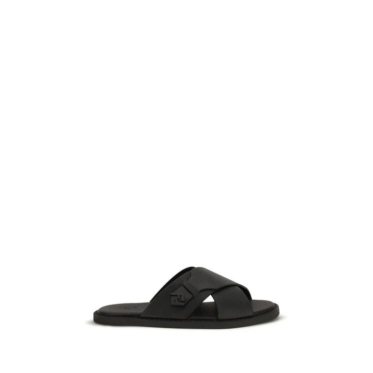 Black Calf Leather Bos Taurus Flat Sandals - Men