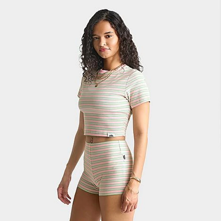 Women's Ribbed Striped Baby T-Shirt in Pink/Green Size: XS