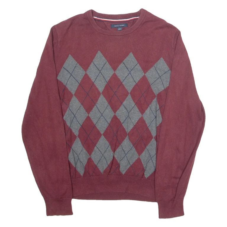 TOMMY HILFIGER Mens Patterned Jumper Maroon Argyle Tight Knit L