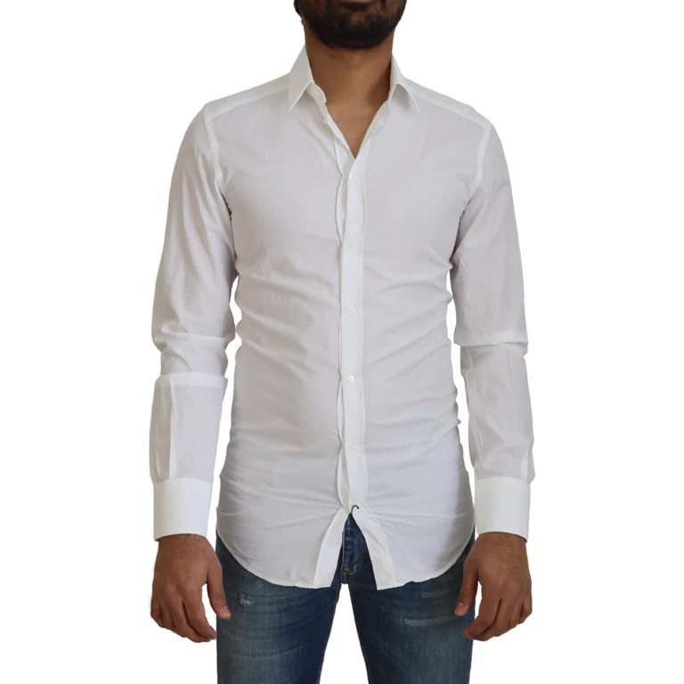 Dolce & Gabbana White Cotton Slim Fit Formal Dress Gold Shirt - Men