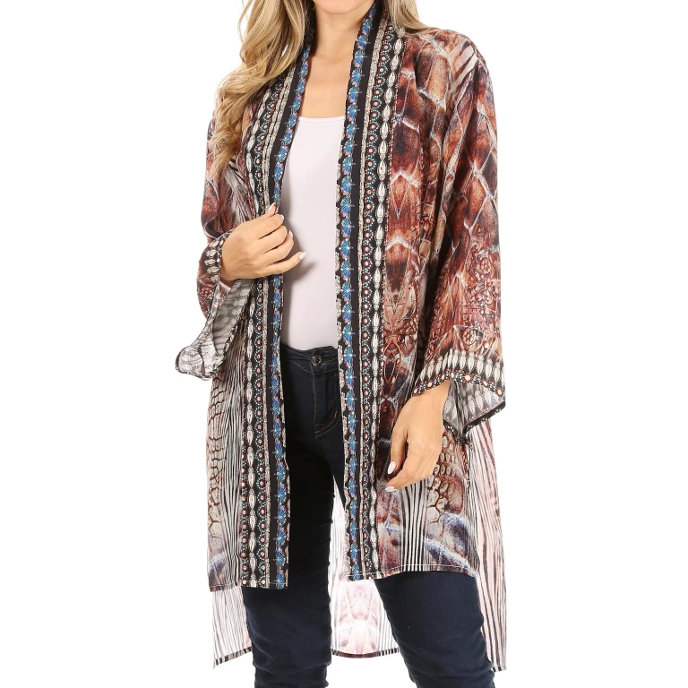 Sakkas Aremi Women Floral Printed Open Front Cardigan Top Boho Casual Short Sleeve
