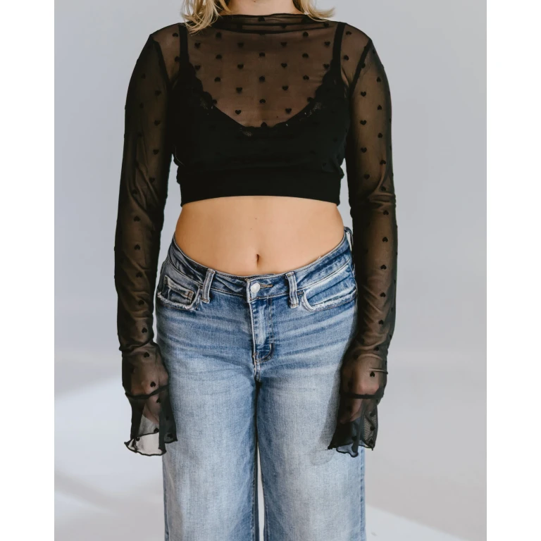 Heart Mesh Mock Neck Halftee